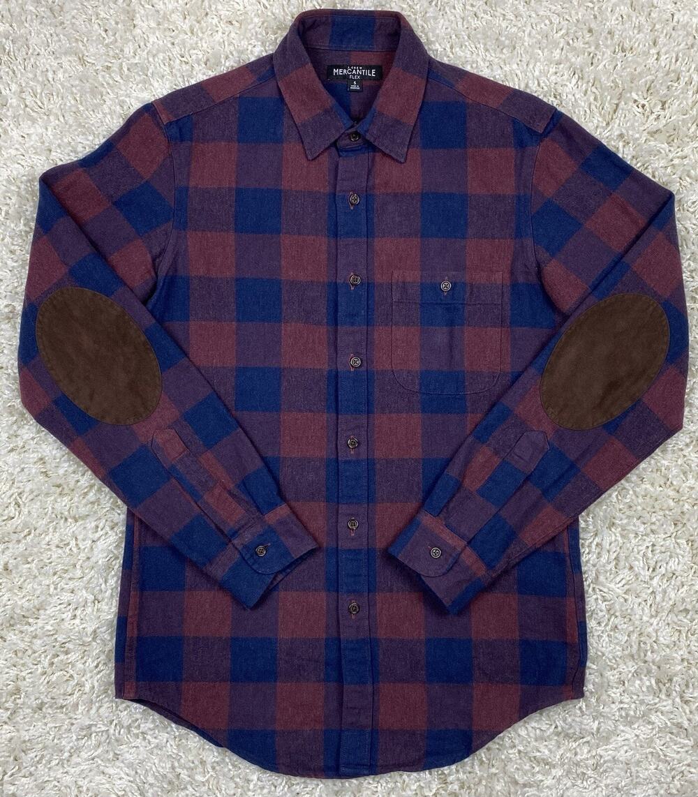 J.Crew Mercantile Flex Flannel Shirt Mens S Buffalo Plaid Elbow Patches Navy